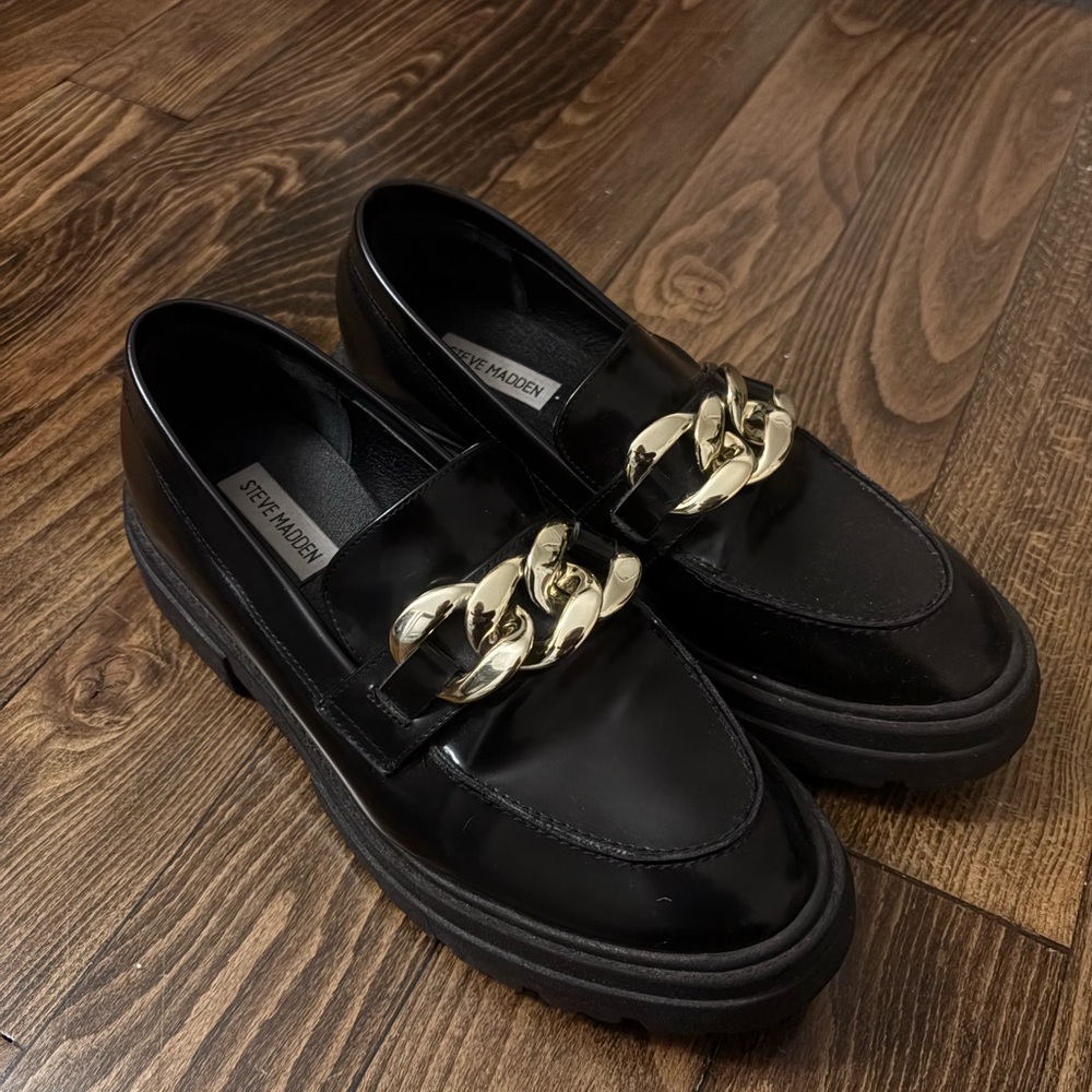 Steve Madden Black Platform Loafers with Gold Accent